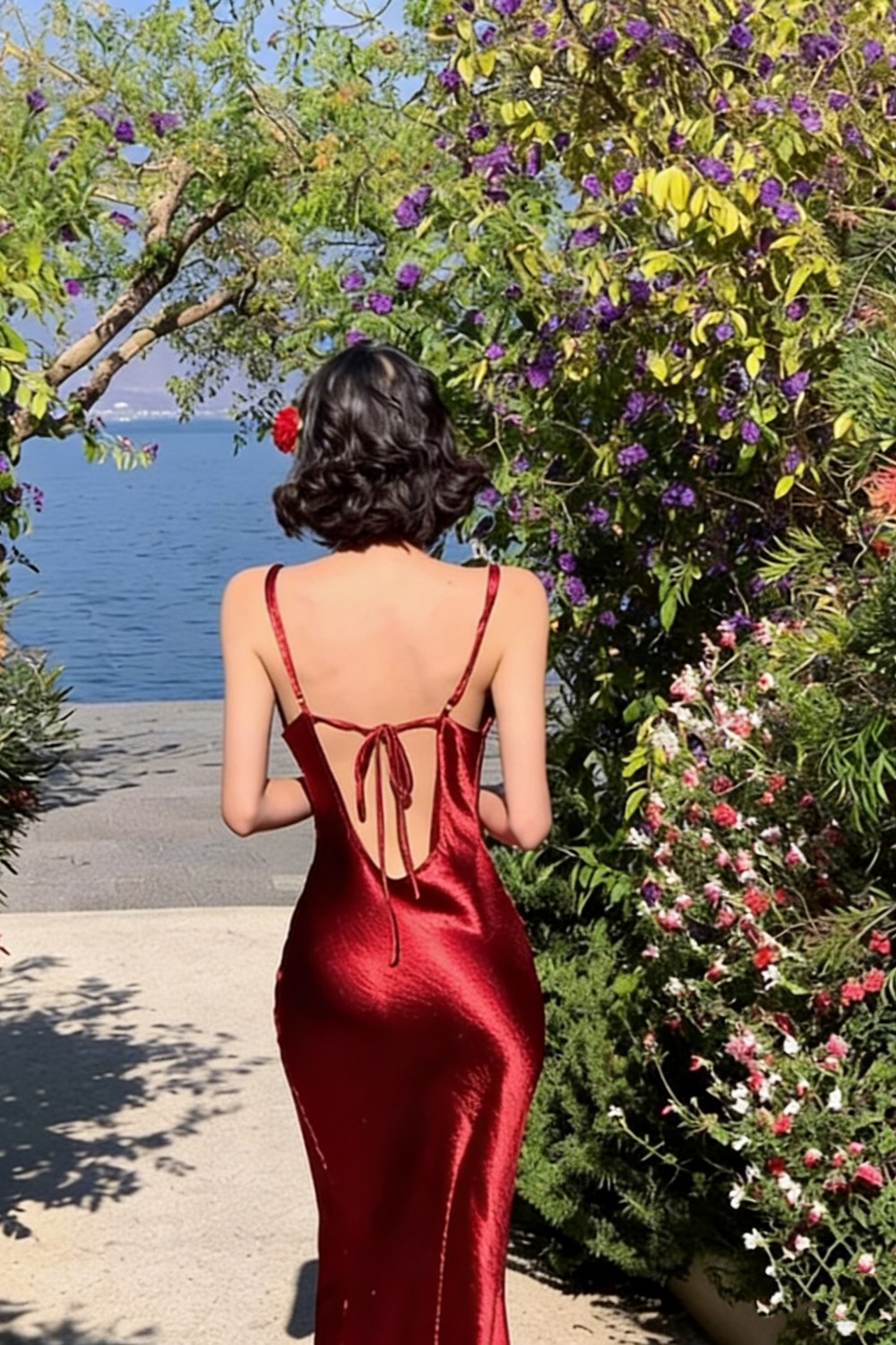 Sexy Deep Red Satin Maxi Dress – Spaghetti Strap Backless Design for Cocktail Parties & Date Nights FD06