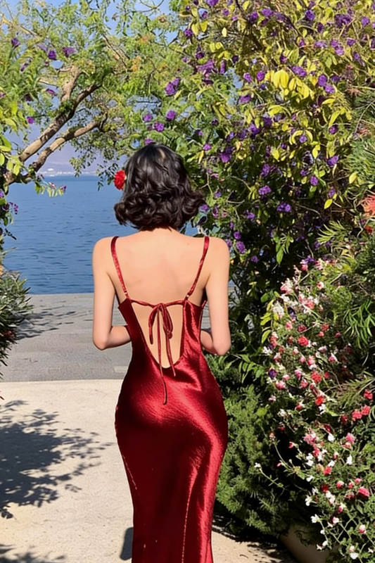 Sexy Deep Red Satin Maxi Dress – Spaghetti Strap Backless Design for Cocktail Parties & Date Nights FD06