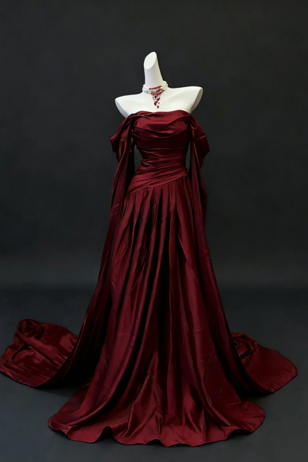 Burgundy Satin Off-the-Shoulder Train Gown with Ruched Waist & Flowing Sleeves, Luxury Evening Dress  Floral031