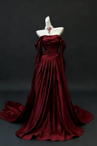 Burgundy Satin Off-the-Shoulder Train Gown with Ruched Waist & Flowing Sleeves, Luxury Evening Dress  Floral031