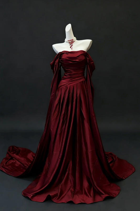 Burgundy Satin Off-the-Shoulder Train Gown with Ruched Waist & Flowing Sleeves, Luxury Evening Dress  Floral031