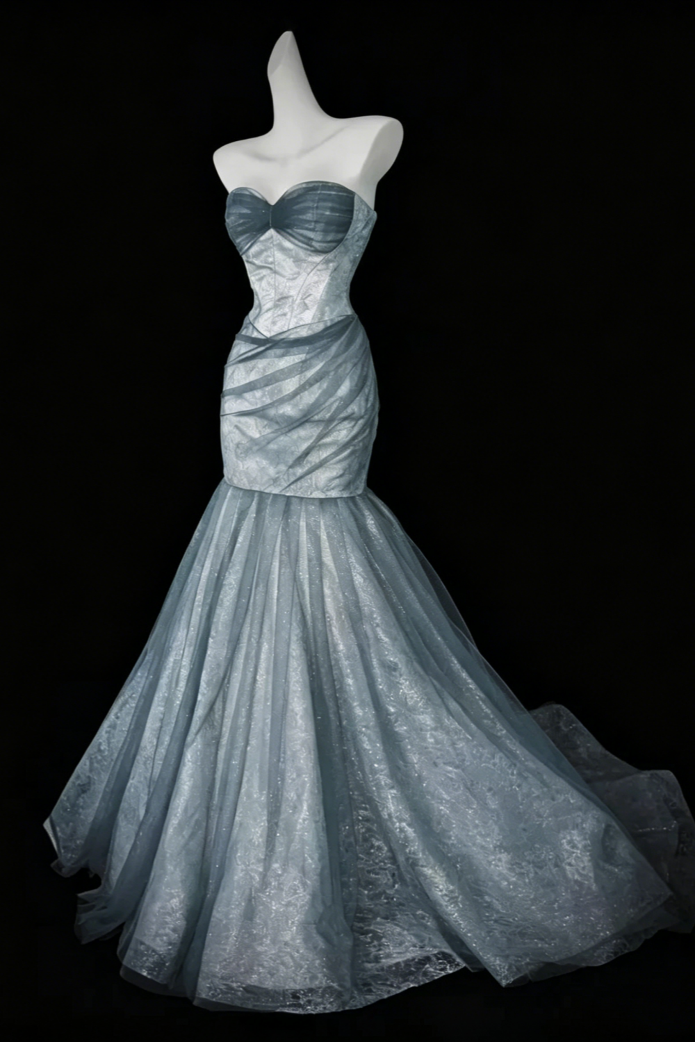 Elegant Dusty Blue Strapless Mermaid Graduation Dress Prom Dress, Glitter Lace Corset Evening Gown with Train, Formal Party Dress for Women  Floral026