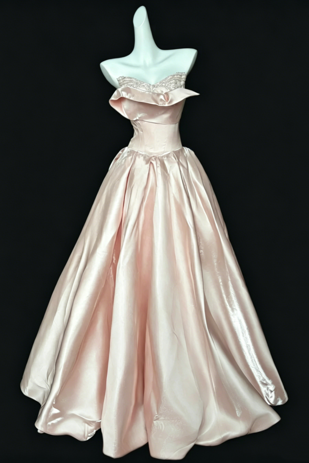 Blush Pink Satin Strapless Dress, Lace-Up Back Princess Evening Gown  Floral028