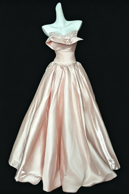 Blush Pink Satin Strapless Dress, Lace-Up Back Princess Evening Gown  Floral028