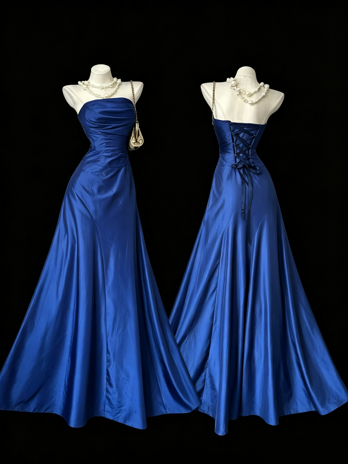 Strapless Royal Blue Satin Long Prom Dress Ruched Bodice Lace‑Up Formal Gown F0136