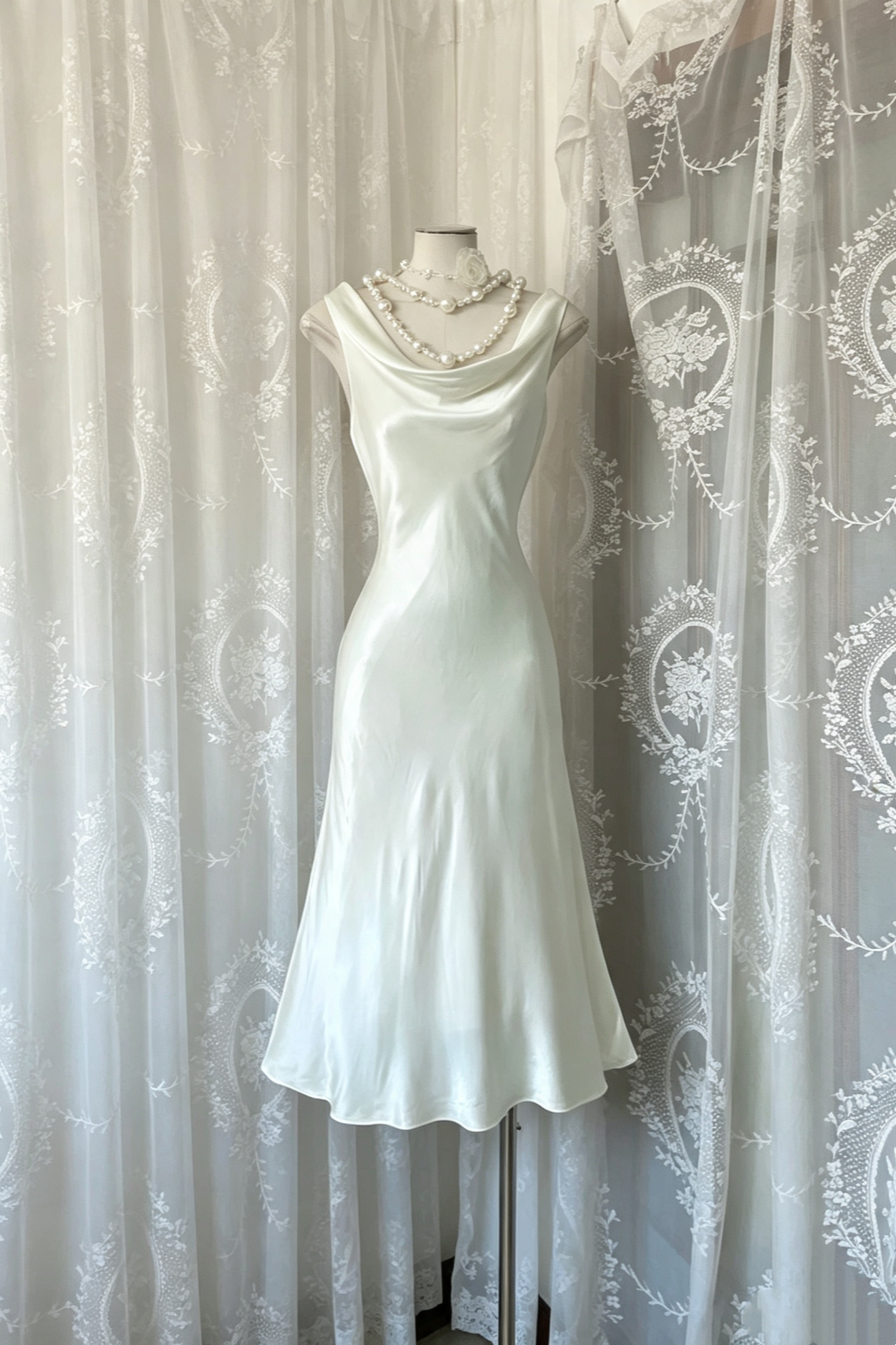 White Satin Cowl Neck Midi Dress Sleeveless Slip Wedding Evening Party Gown F0021