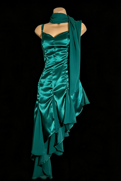 Emerald Green Satin Spaghetti Strap Dress Asymmetrical Chiffon Formal Gown Long & Midi F0025