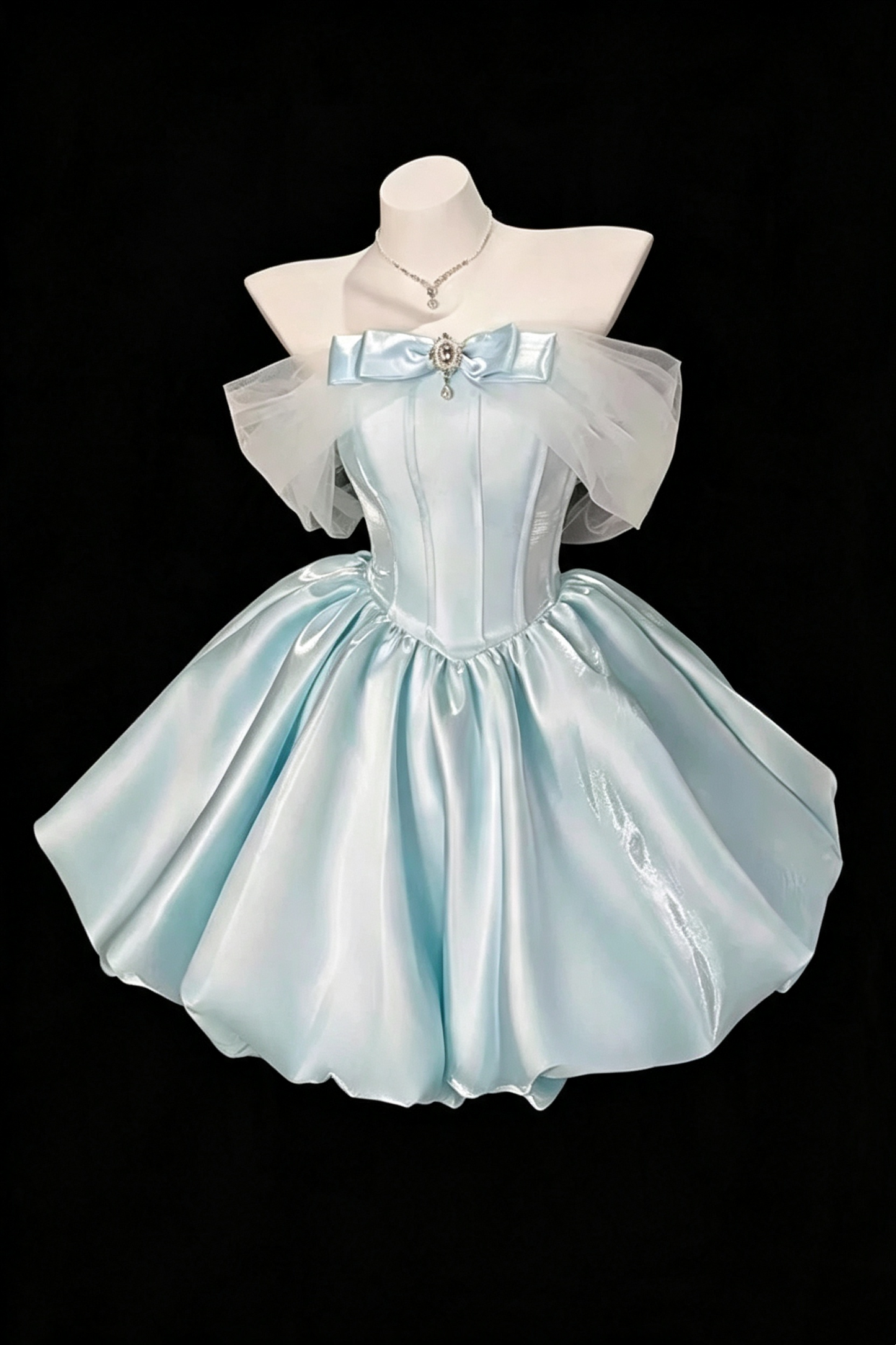 Light Blue Off‑Shoulder Bow Gem Short Homecoming Dress Lace‑Up Back Party Gown F0035