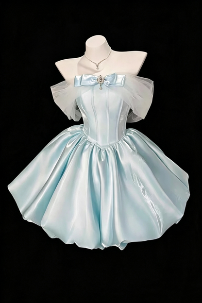 Light Blue Off‑Shoulder Bow Gem Short Homecoming Dress Lace‑Up Back Party Gown F0035