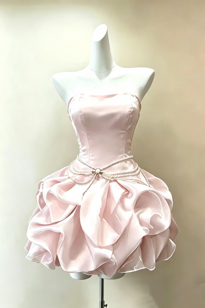 Strapless Pearl Sash Ruffle Short Homecoming Dress Lace‑Up Back Party Gown F0034