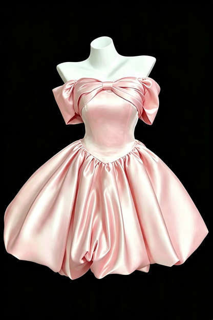 Pink Off‑Shoulder Big Bow Bubble Short Homecoming Dress Lace‑Up Back Party Gown F0033