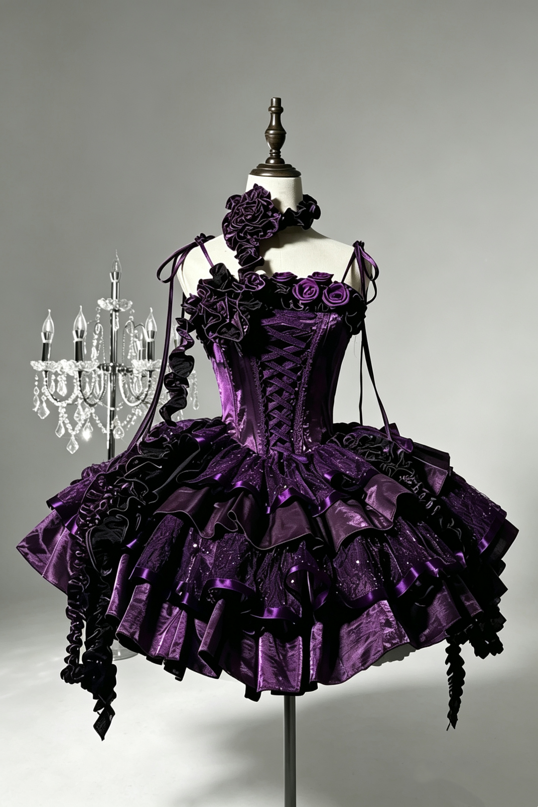 Gothic Lolita Dress Purple Black Tiered Ruffle Mini Gown With Rose Decor F0064