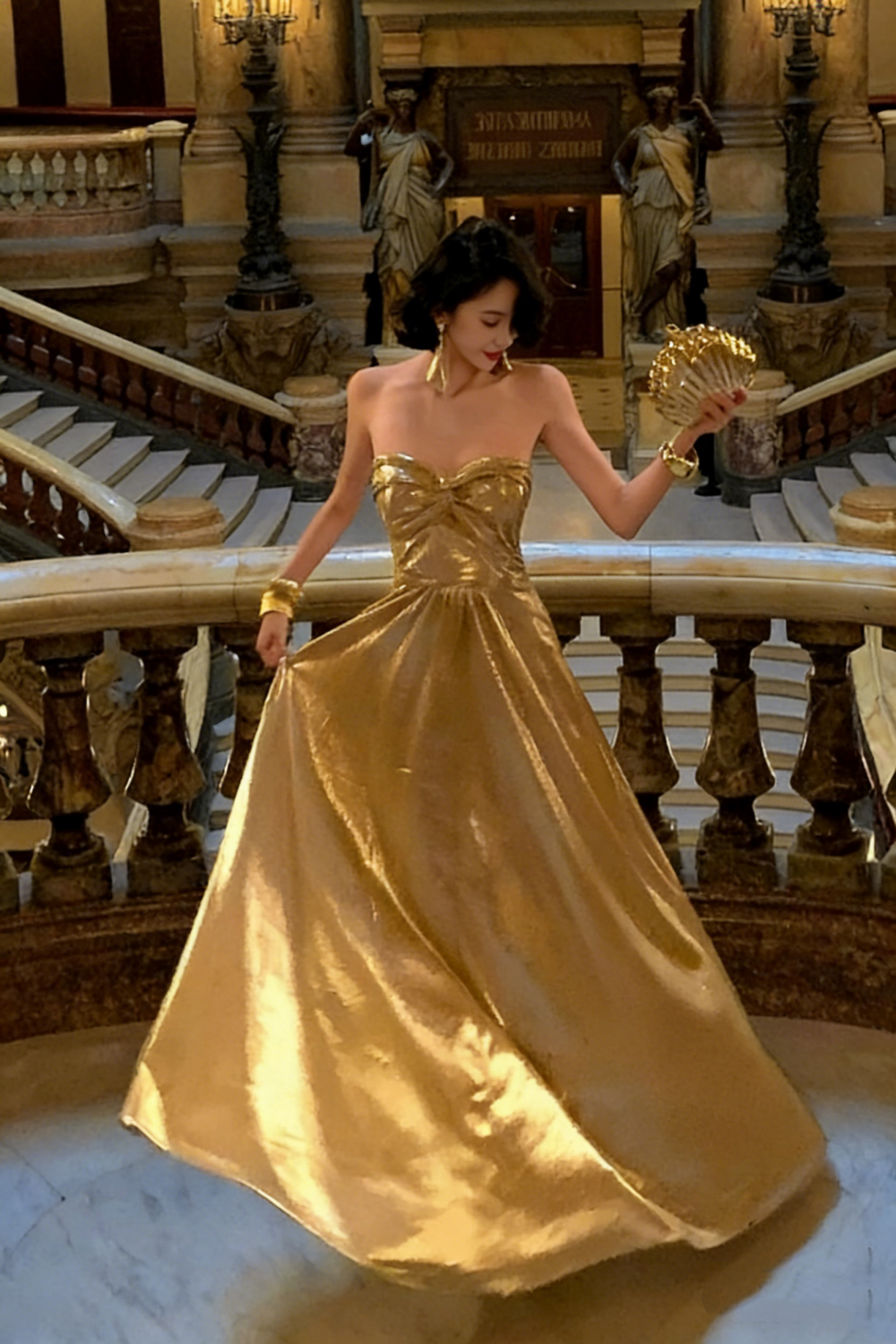 Gold Strapless Evening Gown, Long Dress, Banquet Gown FD05