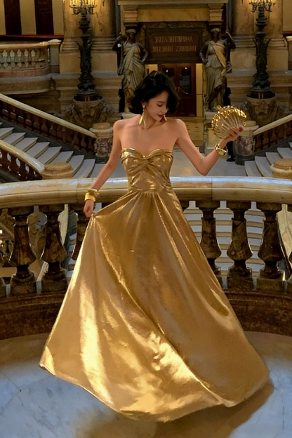 Gold Strapless Evening Gown, Long Dress, Banquet Gown FD05