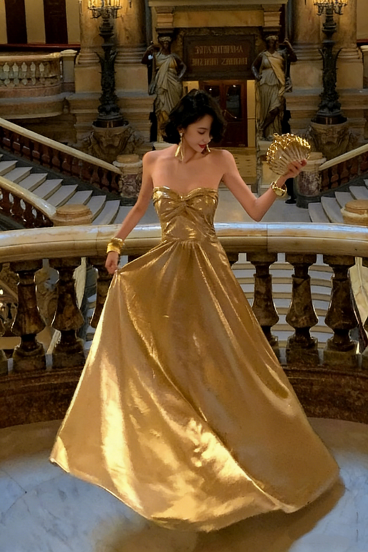Gold Strapless Evening Gown, Long Dress, Banquet Gown FD05