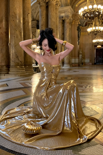 Gold Strapless Evening Gown, Long Dress, Banquet Gown FD05