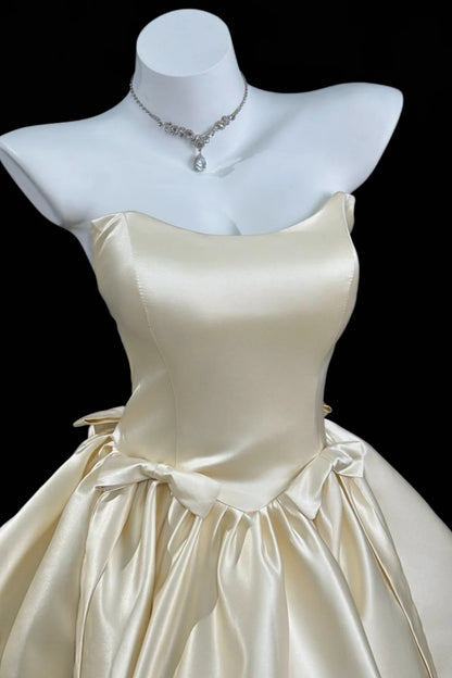 Formal Dress Cream Satin Off Shoulder Custom Graduation Fairycore Mini Gown Floral048