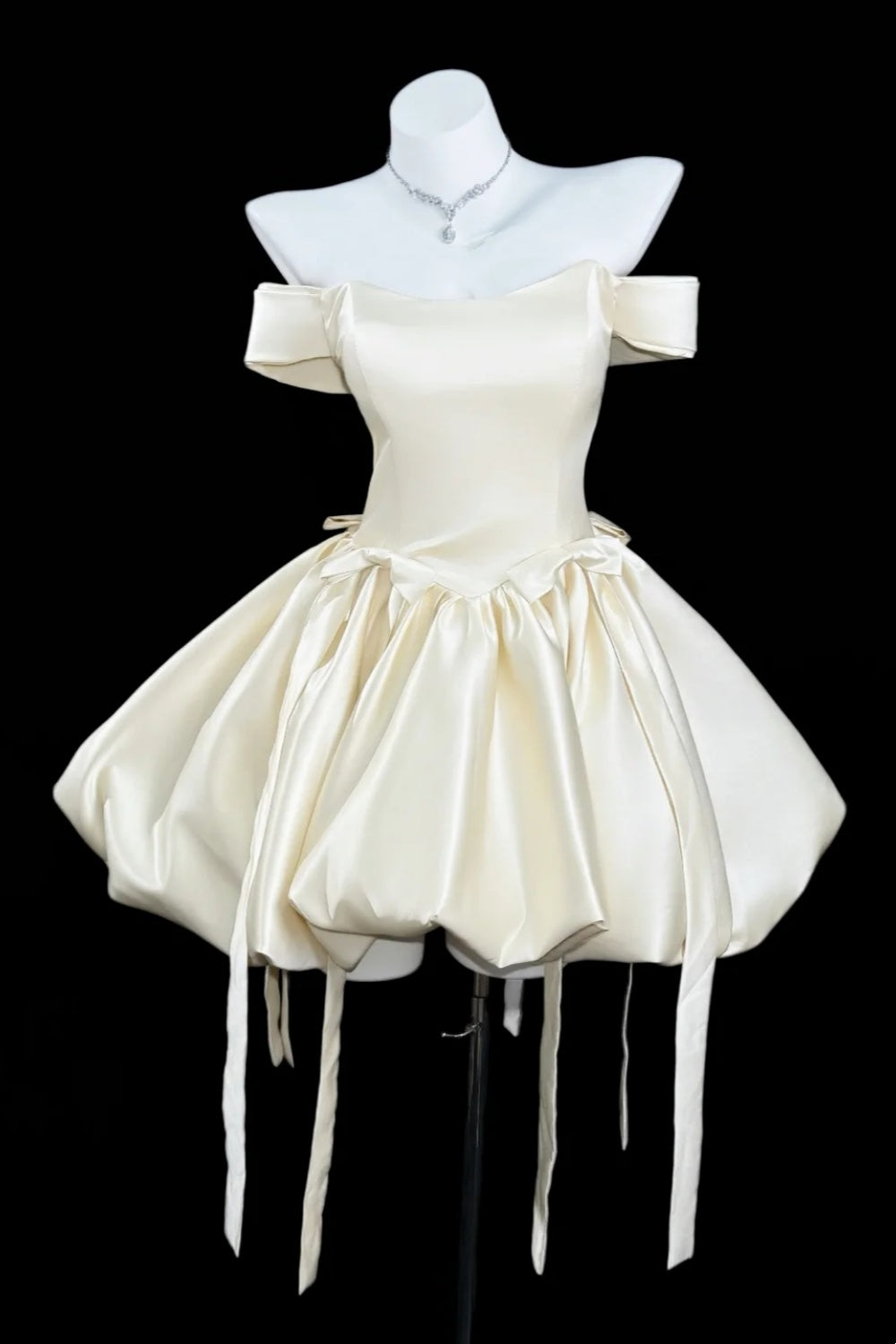Formal Dress Cream Satin Off Shoulder Custom Graduation Fairycore Mini Gown Floral048