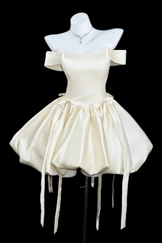 Formal Dress Cream Satin Off Shoulder Custom Graduation Fairycore Mini Gown Floral048