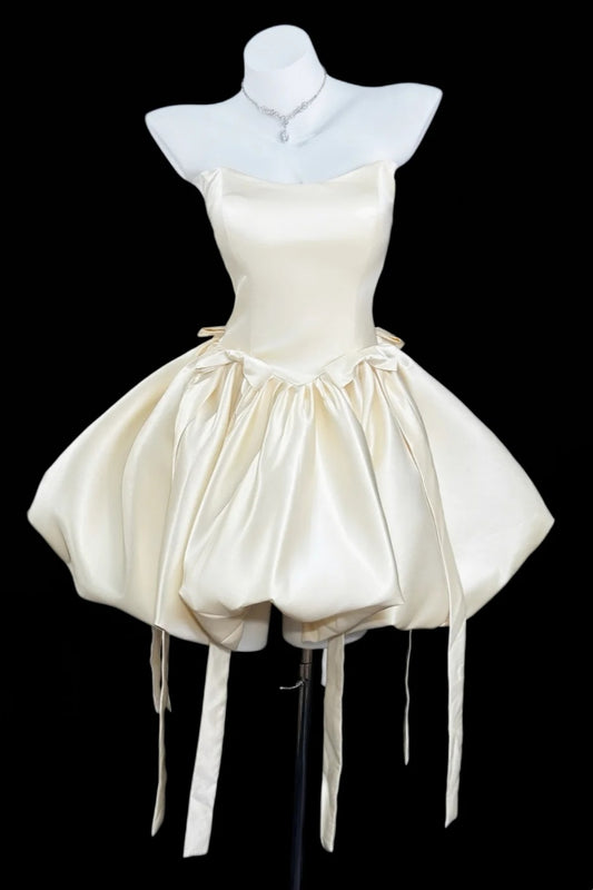 Formal Dress Cream Satin Off Shoulder Custom Graduation Fairycore Mini Gown Floral048