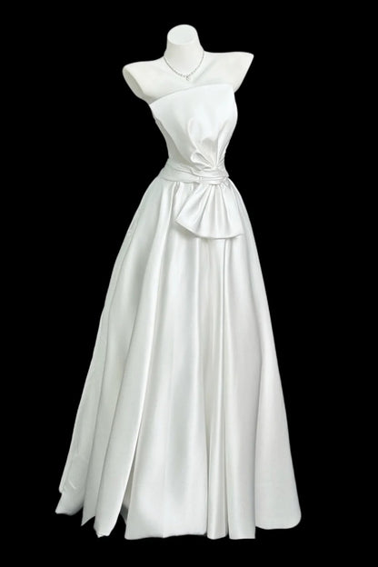 Formal Gown White Satin Strapless Long Dress With Waist Big Bow F0062