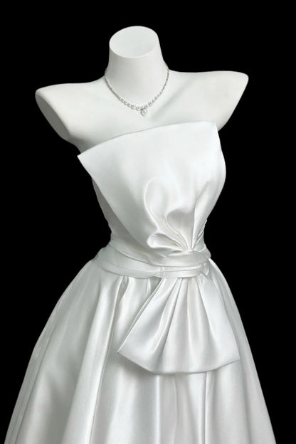 Formal Gown White Satin Strapless Long Dress With Waist Big Bow F0062