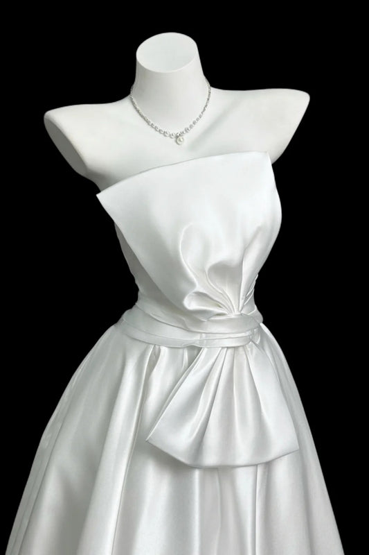 Formal Gown White Satin Strapless Long Dress With Waist Big Bow F0062
