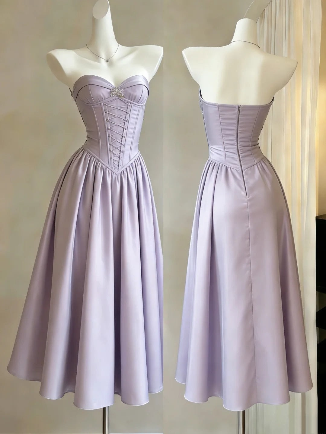 Lavender Satin Corset Midi Dress, Strapless Sweetheart Formal Gown F0077
