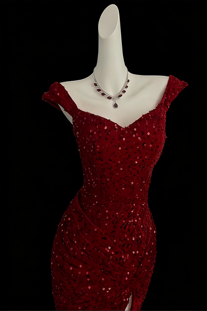 Burgundy Off Shoulder Sequin High Slit Mermaid Evening Gown Floral-02