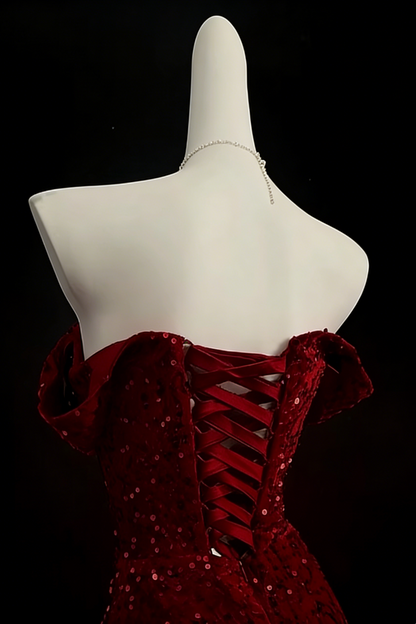 Burgundy Off Shoulder Sequin High Slit Mermaid Evening Gown Floral-02