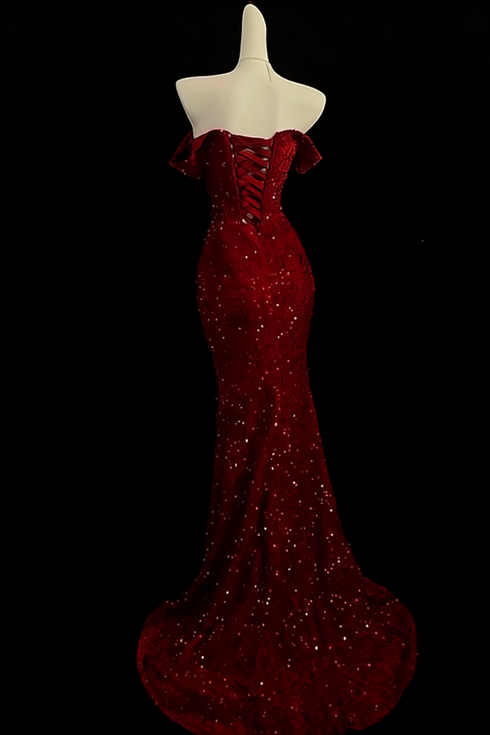 Burgundy Off Shoulder Sequin High Slit Mermaid Evening Gown Floral-02