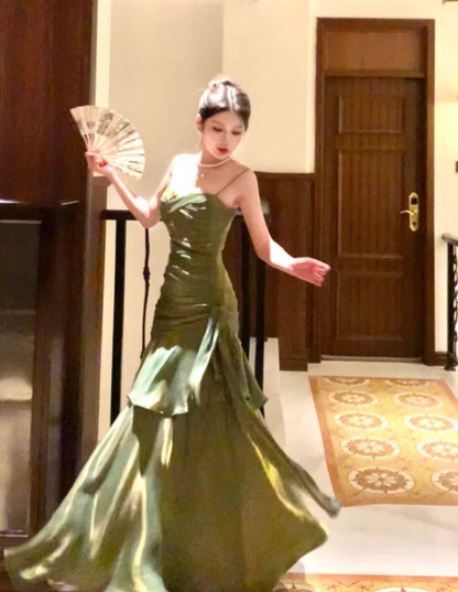 Mermaid Princess Adult Ceremony Dress, Light Luxury, Niche Design, High-End Strappy Long Evening Gown FD01